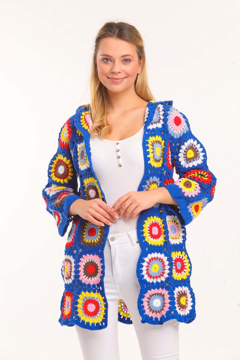Bohemian Granny Square Knit Sweater Jacket