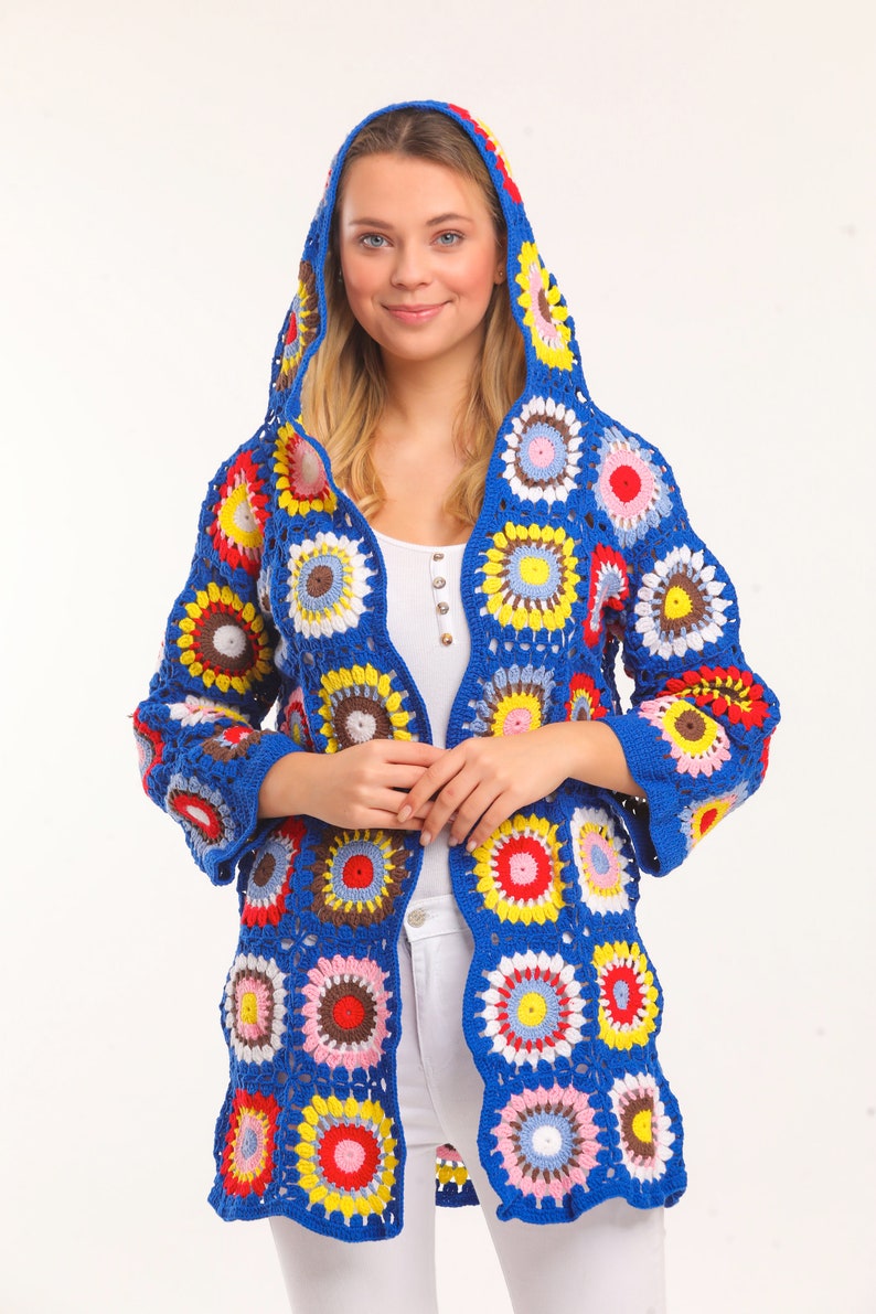 Bohemian Granny Square Knit Sweater Jacket