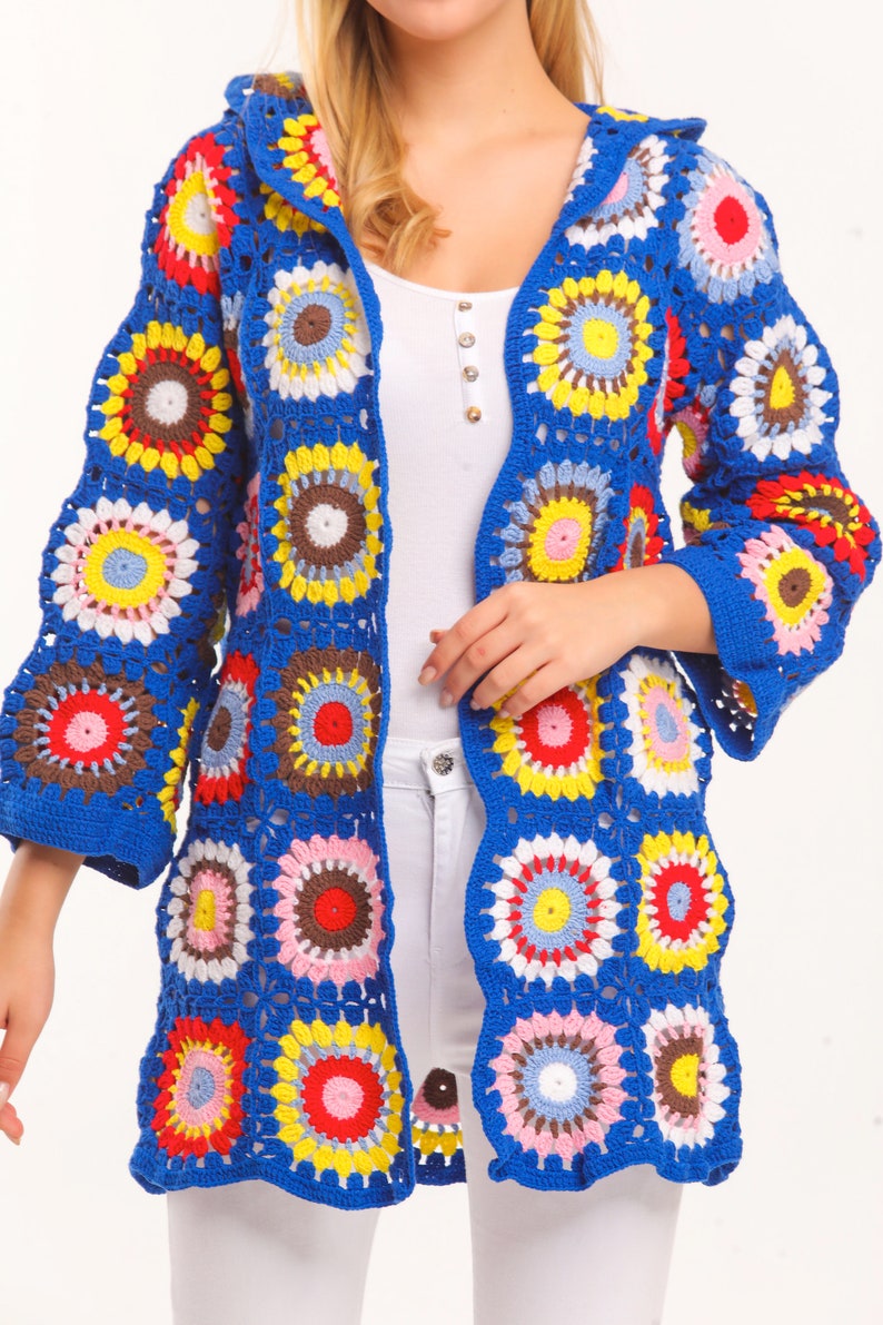 Bohemian Granny Square Knit Sweater Jacket