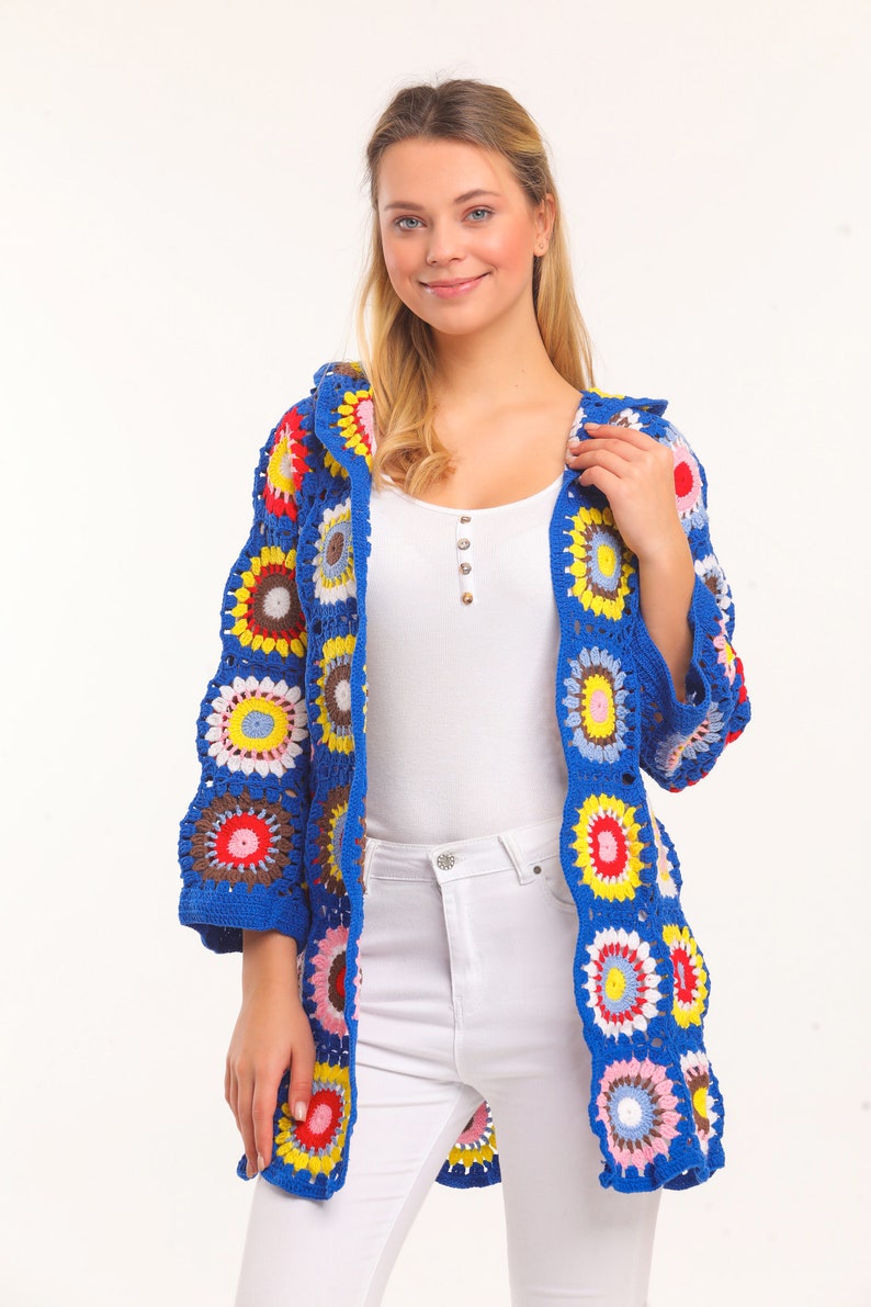 Bohemian Granny Square Knit Sweater Jacket