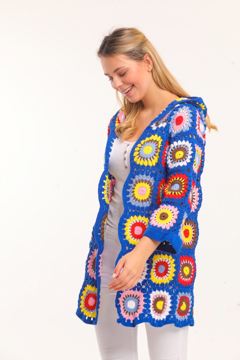 Bohemian Granny Square Knit Sweater Jacket