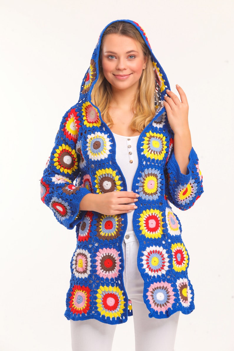 Bohemian Granny Square Knit Sweater Jacket