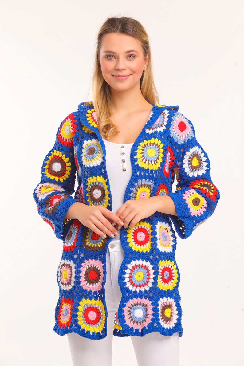 Bohemian Granny Square Knit Sweater Jacket