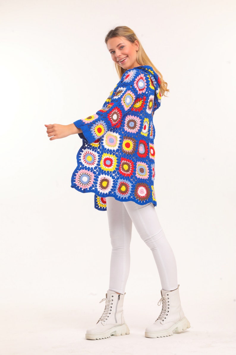 Bohemian Granny Square Knit Sweater Jacket