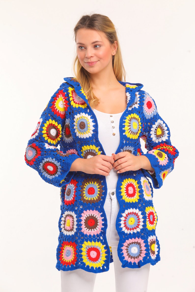 Bohemian Granny Square Knit Sweater Jacket
