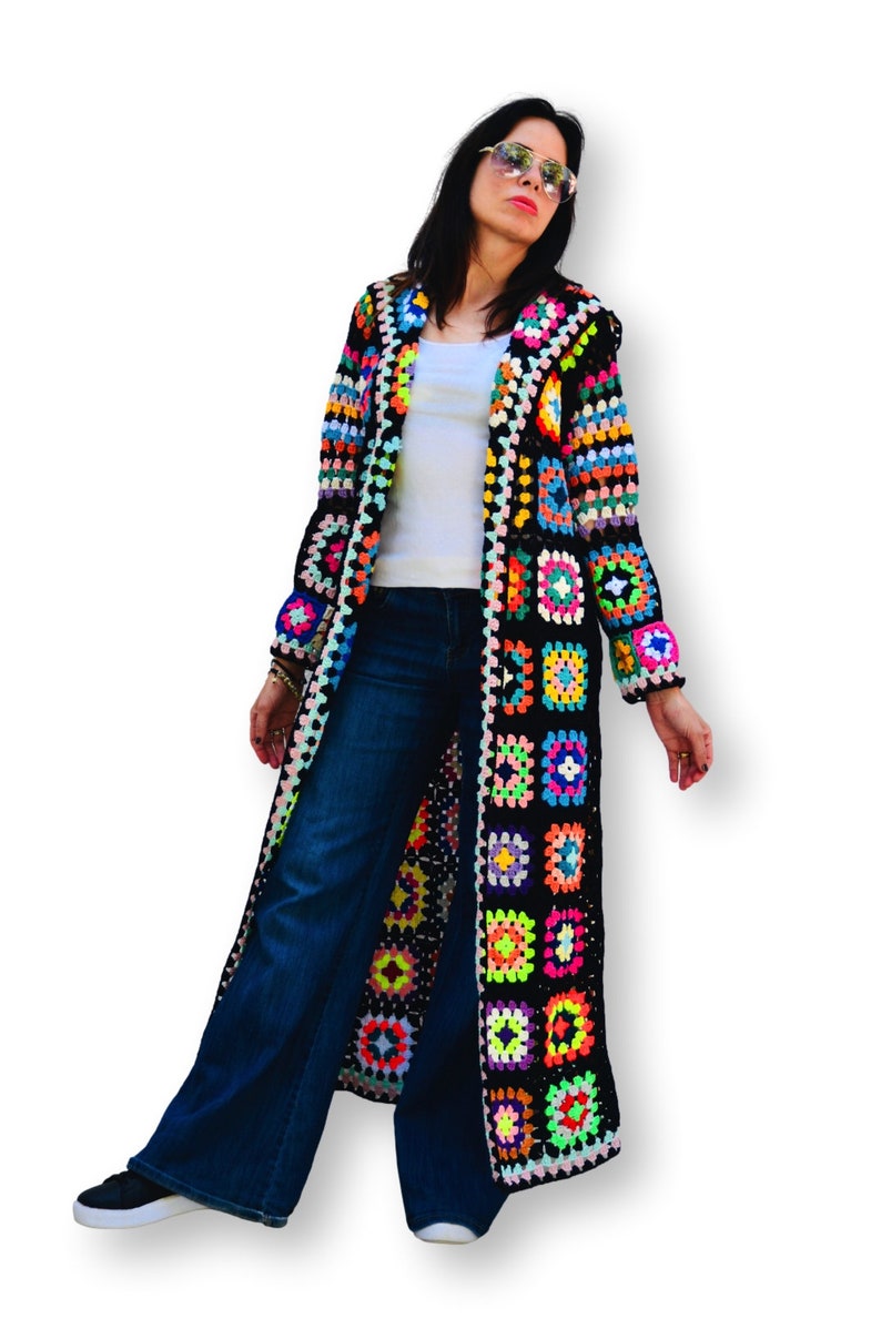 Long Oversize Crochet Granny Square Coat for Women