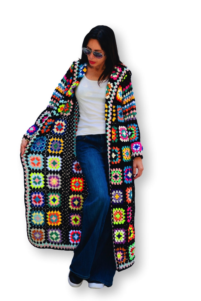 Long Oversize Crochet Granny Square Coat for Women