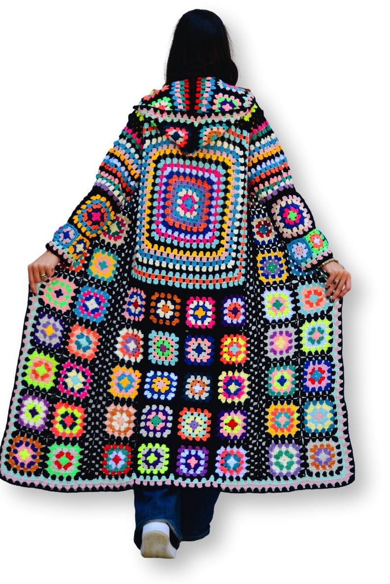 Long Oversize Crochet Granny Square Coat for Women