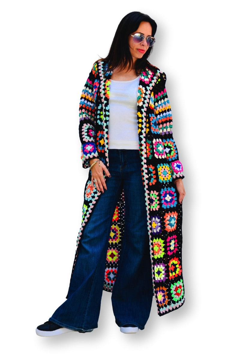 Long Oversize Crochet Granny Square Coat for Women