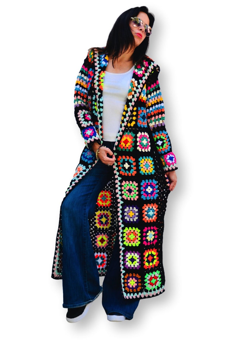 Long Oversize Crochet Granny Square Coat for Women