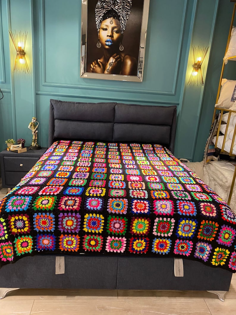 Afghan Granny Square Bohemian Blanket