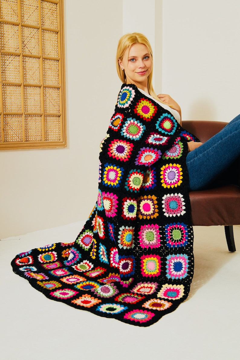 Afghan Granny Square Bohemian Blanket