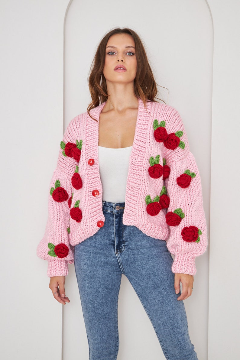 Custom Crochet Red Rose Cardigan