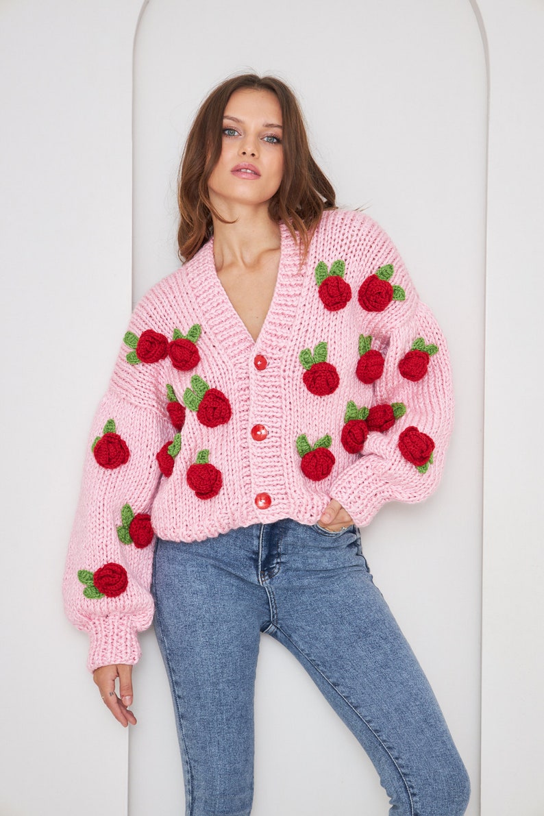 Custom Crochet Red Rose Cardigan