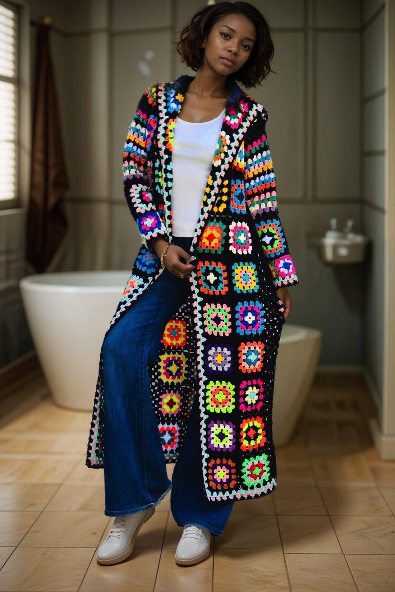 Long Oversize Crochet Granny Square Coat for Women