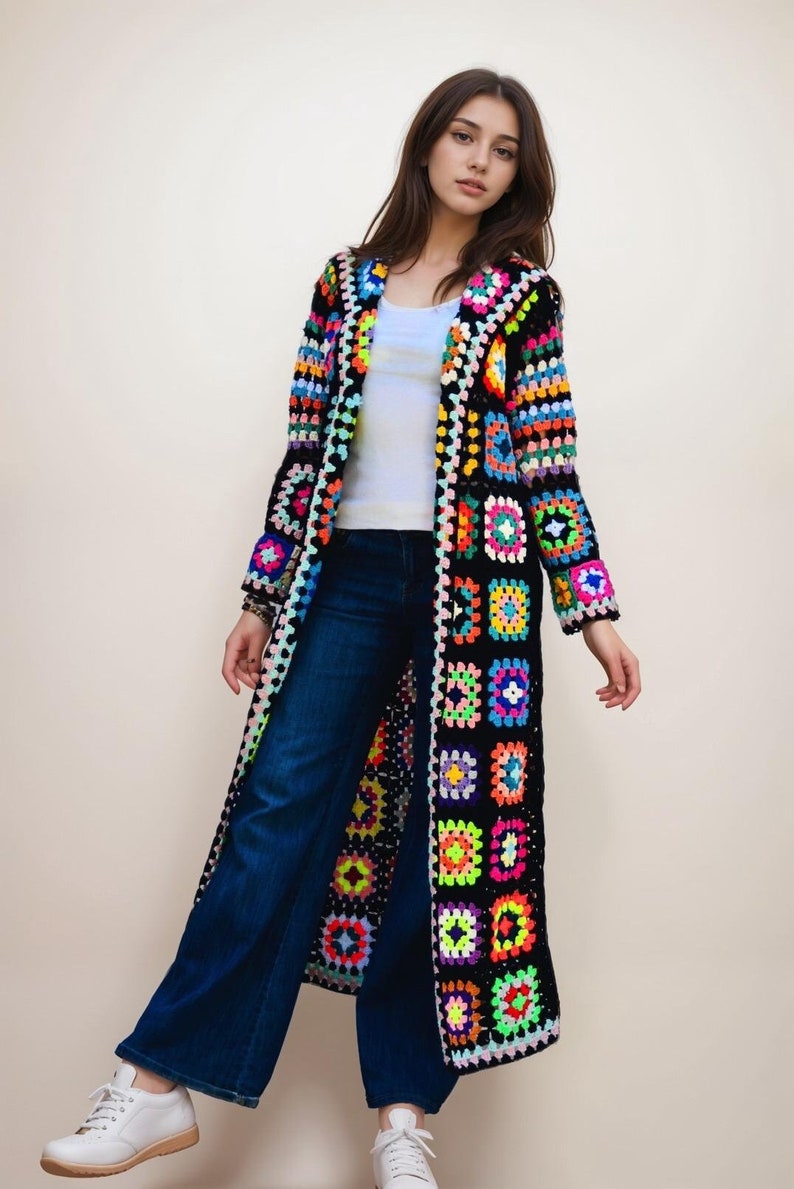 Long Oversize Crochet Granny Square Coat for Women