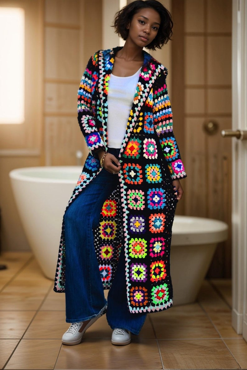 Long Oversize Crochet Granny Square Coat for Women