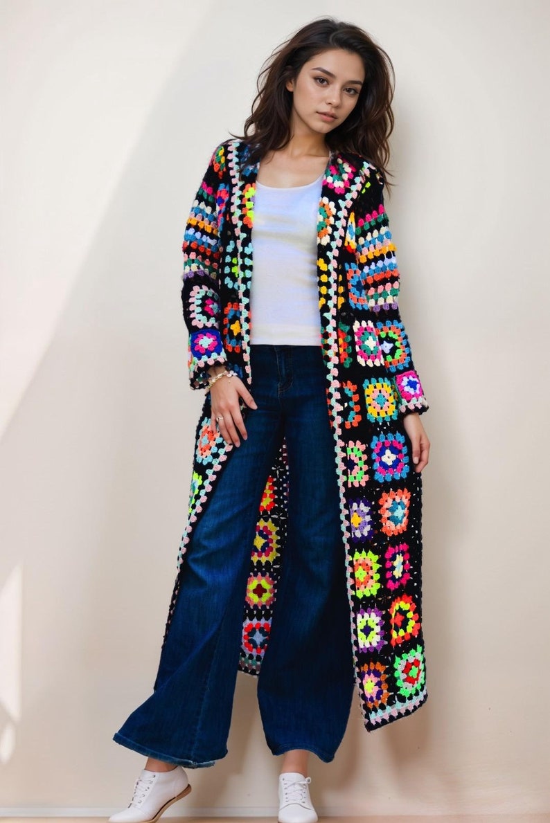 Long Oversize Crochet Granny Square Coat for Women