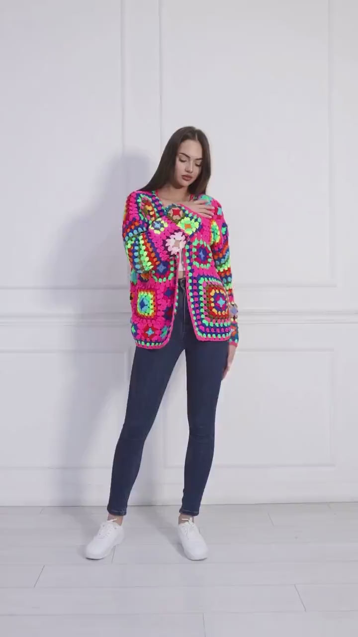 Pink Neon Crochet Hand Knit Crochet Sweater